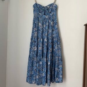 HOUSE OF HARLOW 1960 Blue White Floral Linen Blend Maxi Dress W/Pockets Medium